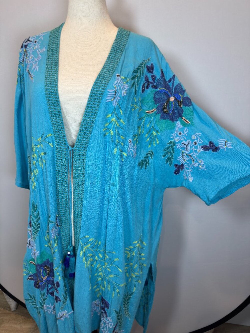 Chico’s Special Edition Embroidered Beaded Turquoise Ruana Duster Kimono S/M